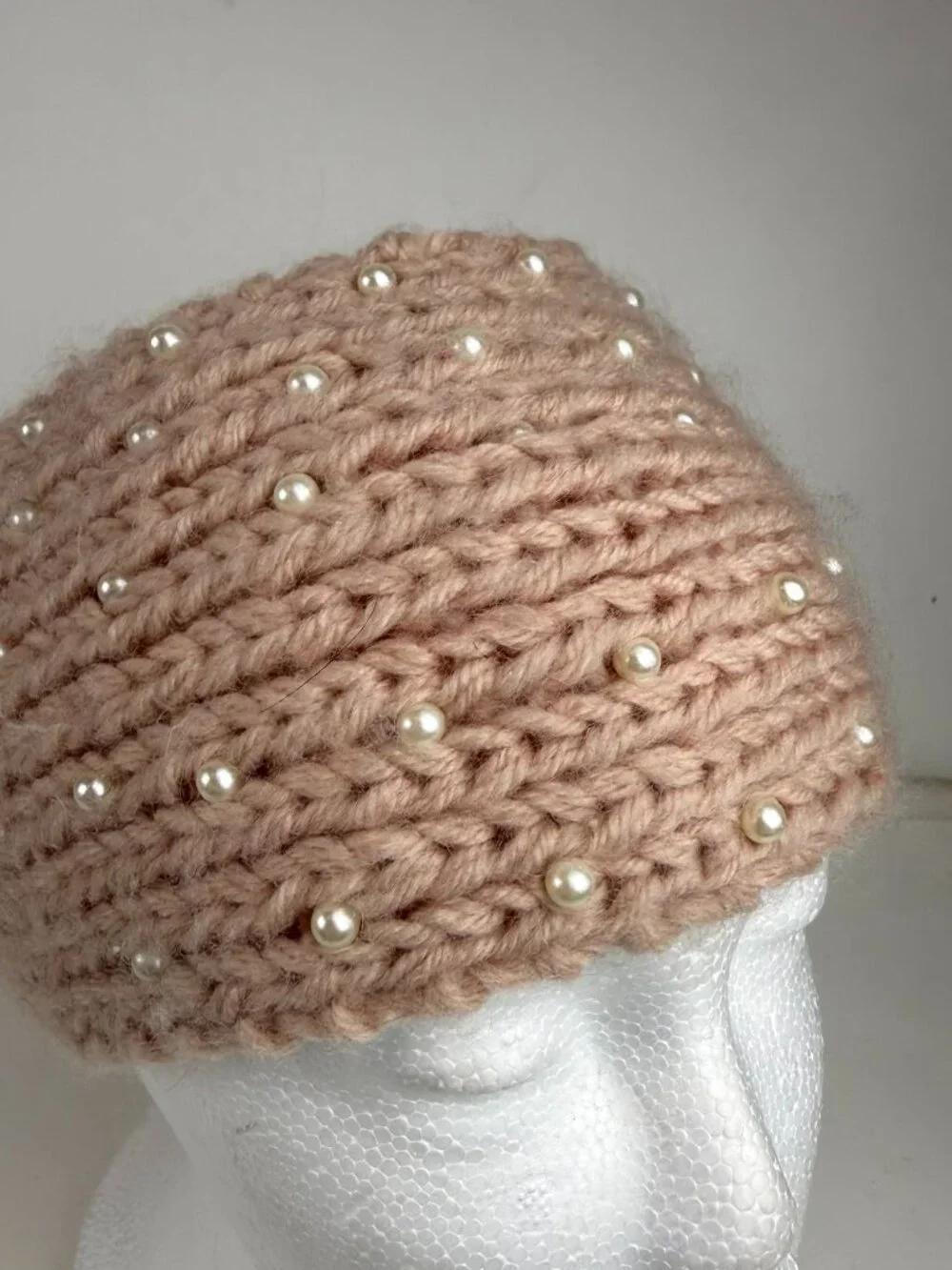 Handmade Knit Pearl Headband Blush Pink Winter Ear Warmer Button Closure